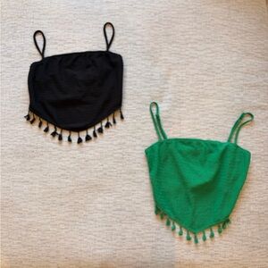 SHEIN Black and Green Tassel Trim Tank Tops